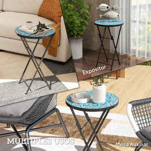 Mesa Auxiliar Redonda Mesa de Jardín Exterior Plegable con Encimera de Mosaico y Almohadillas Antideslizantes Mesa para Exterior Terraza Patio Ø35,5x55 cm Azul