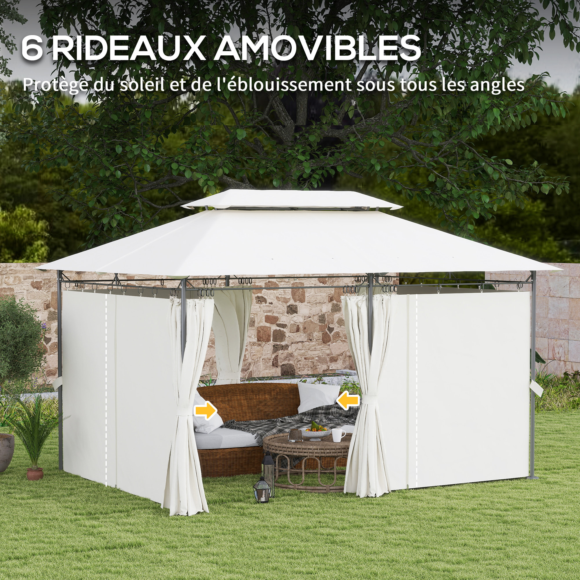Tonnelle barnum 3 x 4 m 6 rideaux amovibles double toit métal époxy polyester crème