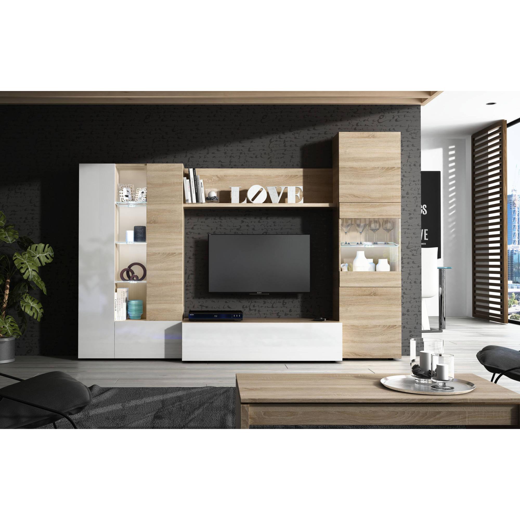 Parete attrezzata Raleigh, Mobile da soggiorno porta TV modulare, Composizione salotto con pensili e vetrine e luce led, cm 260x42h185, Rovere e Bianco