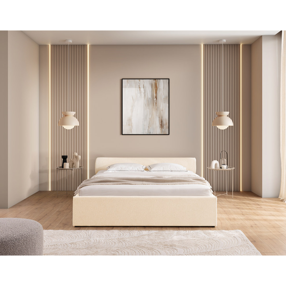 Billy - lit coffre - 180x200 cm - en tissu texturé - sommier inclus - Beige