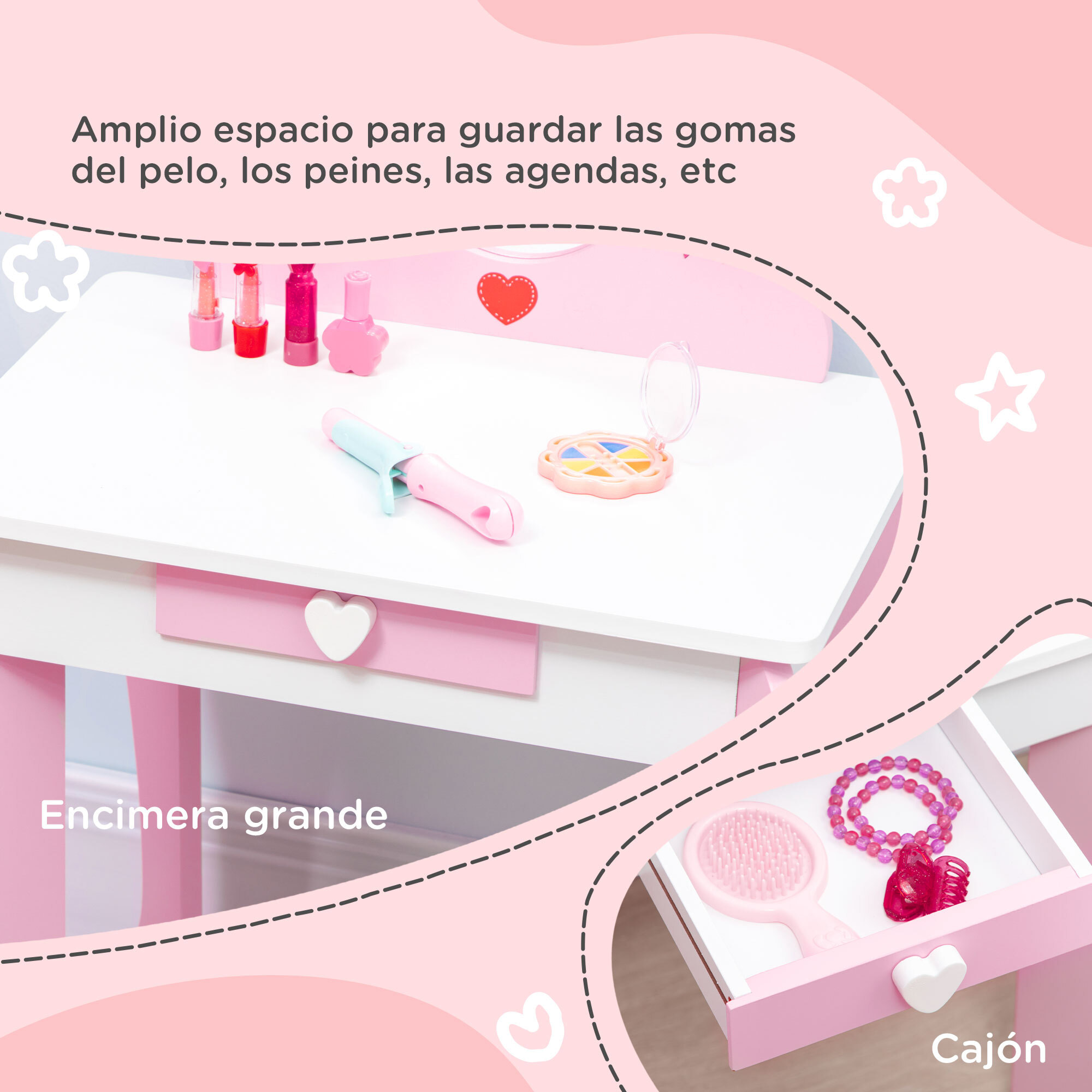 Tocador Infantil Madera para Niñas 3-6 Años con Taburete y Espejo 50x36,5x89,5cm