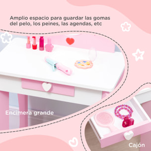 Tocador Infantil Madera para Niñas 3-6 Años con Taburete y Espejo 50x36,5x89,5cm