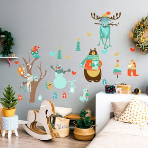 Stickers Noël animaux et l'arbre enchanté - Autocollants stickers adhésifs noël - décoration fêtes