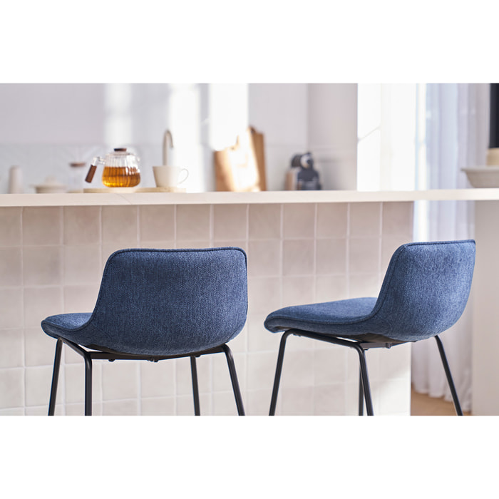 Tabourets de bar en tissu effet velours texturé bleu foncé et métal H65 cm (lot de 2) BOOST