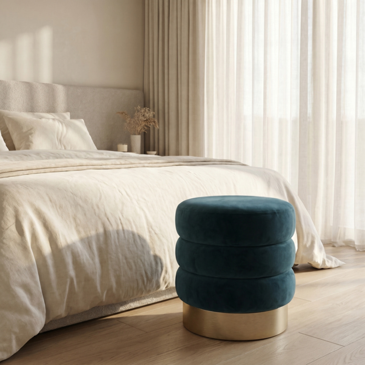 Pouf rotondo in velluto con base oro Ø38x38 cm, sgabello imbottito design moderno elegante, seduta decorativa per salotto camera da letto ingresso cabina armadio, pouf velvet con struttura resistente fino a 100 kg