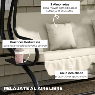 Balancín de Jardín Exterior de 3 Plazas Columpio de Jardín Exterior Convertible en Cama con Toldo Ajustable Soportes Laterales y 2 Almohadas Carga 340 kg 200x120x164 cm Crema