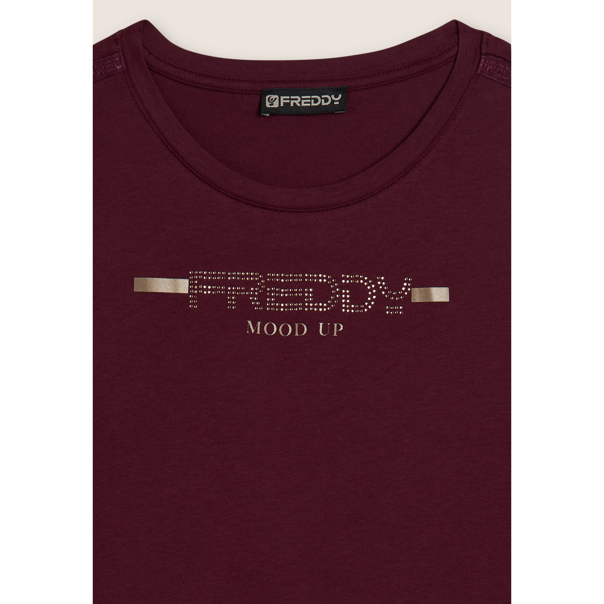 T-shirt da donna con strass e banda logata sulle spalle