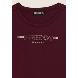 T-shirt da donna con strass e banda logata sulle spalle