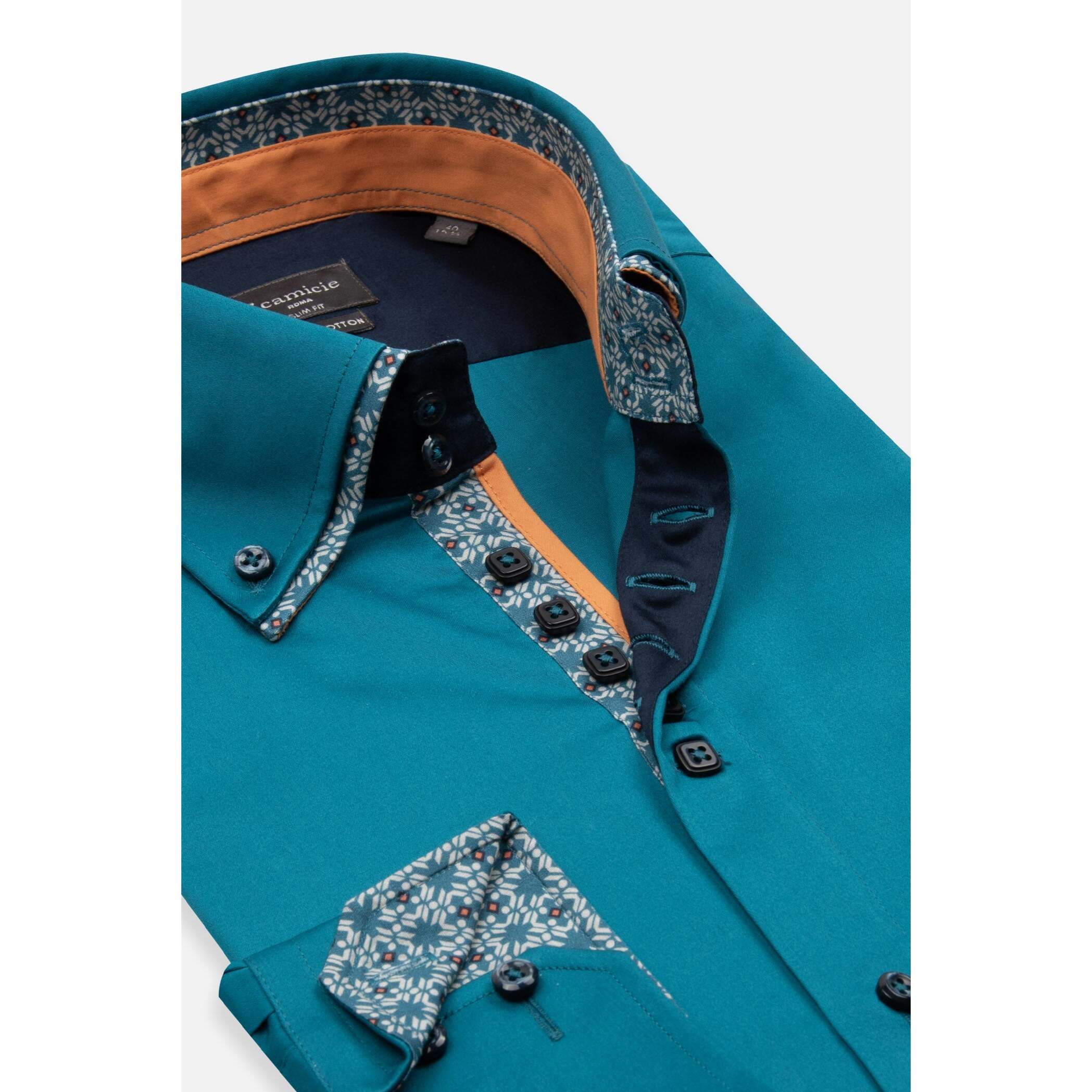 Camicia Uomo 2 Bottoni Button Down 7bottoni Doppio Coll Satin Unito Verde Ottanio