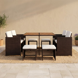 Salon de jardin 8 pl en résine marron et coussins beige + housse CASCO