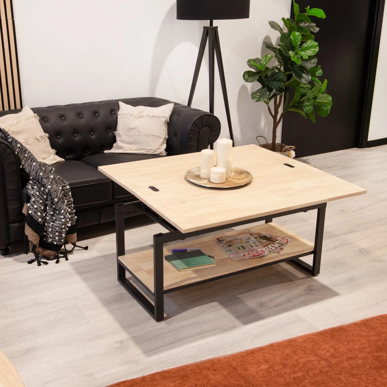 Mesa de centro elevable y extensible en negro y roble 46-91x48,3-57,6 Rens Negro - Roble