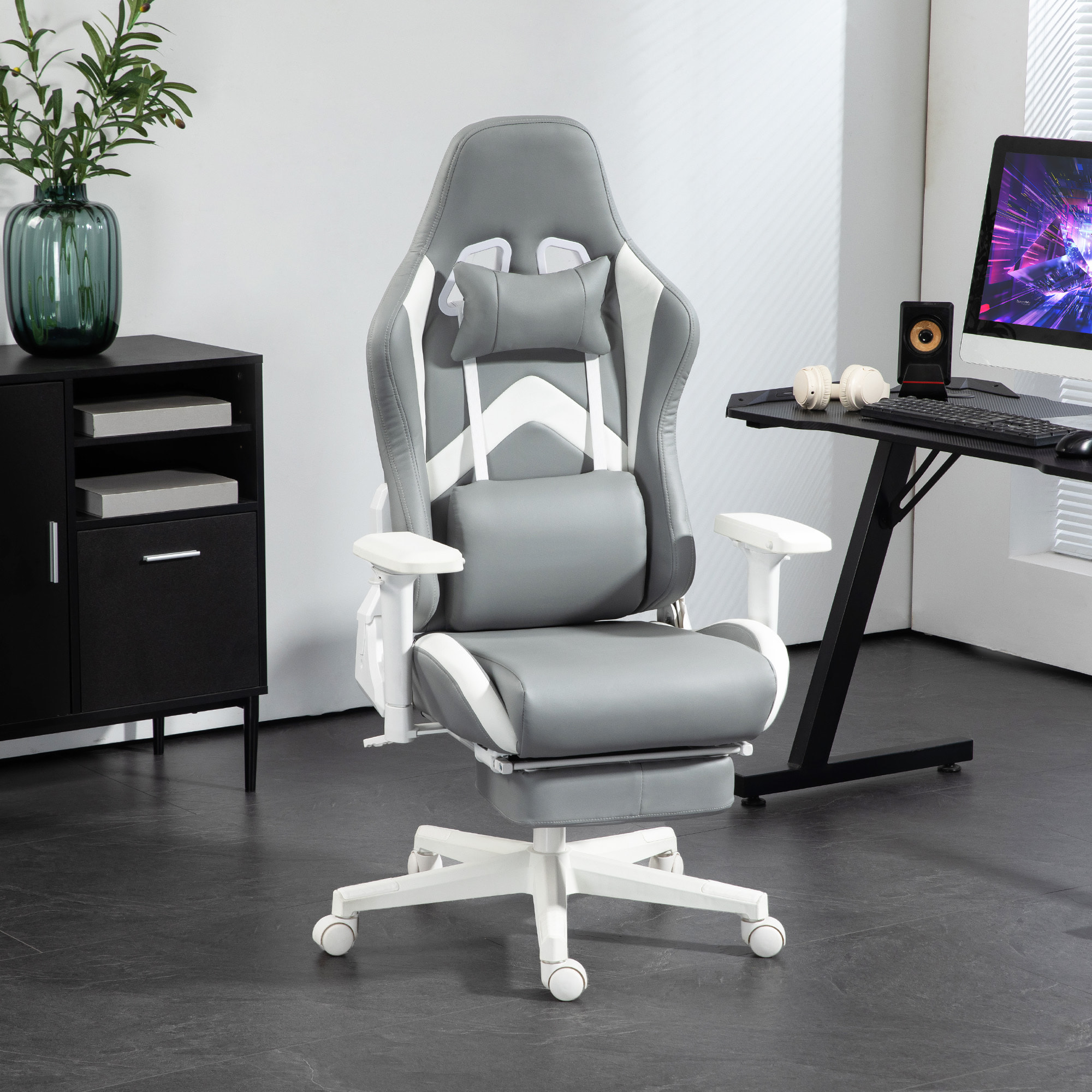 Silla Gaming Silla Gamer Reclinable con Altura Ajustable Reposapiés Retráctil Soporte Lumbar y Reposacabezas Desmontable Silla para Oficina Estudio Gris Claro y Blanco