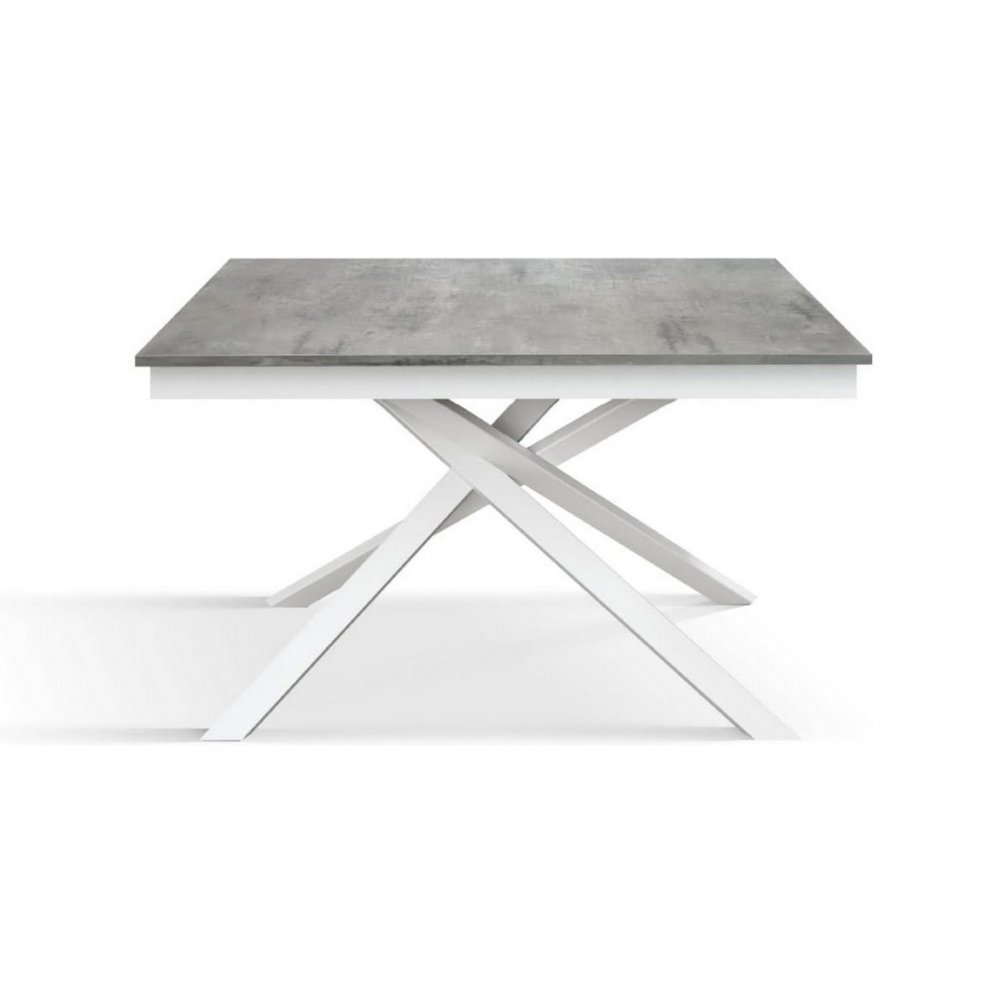 Tavolo VOLPAIA in legno, finitura grigio cemento e base in metallo verniciato bianco, allungabile 140x80 cm - 190x80 cm