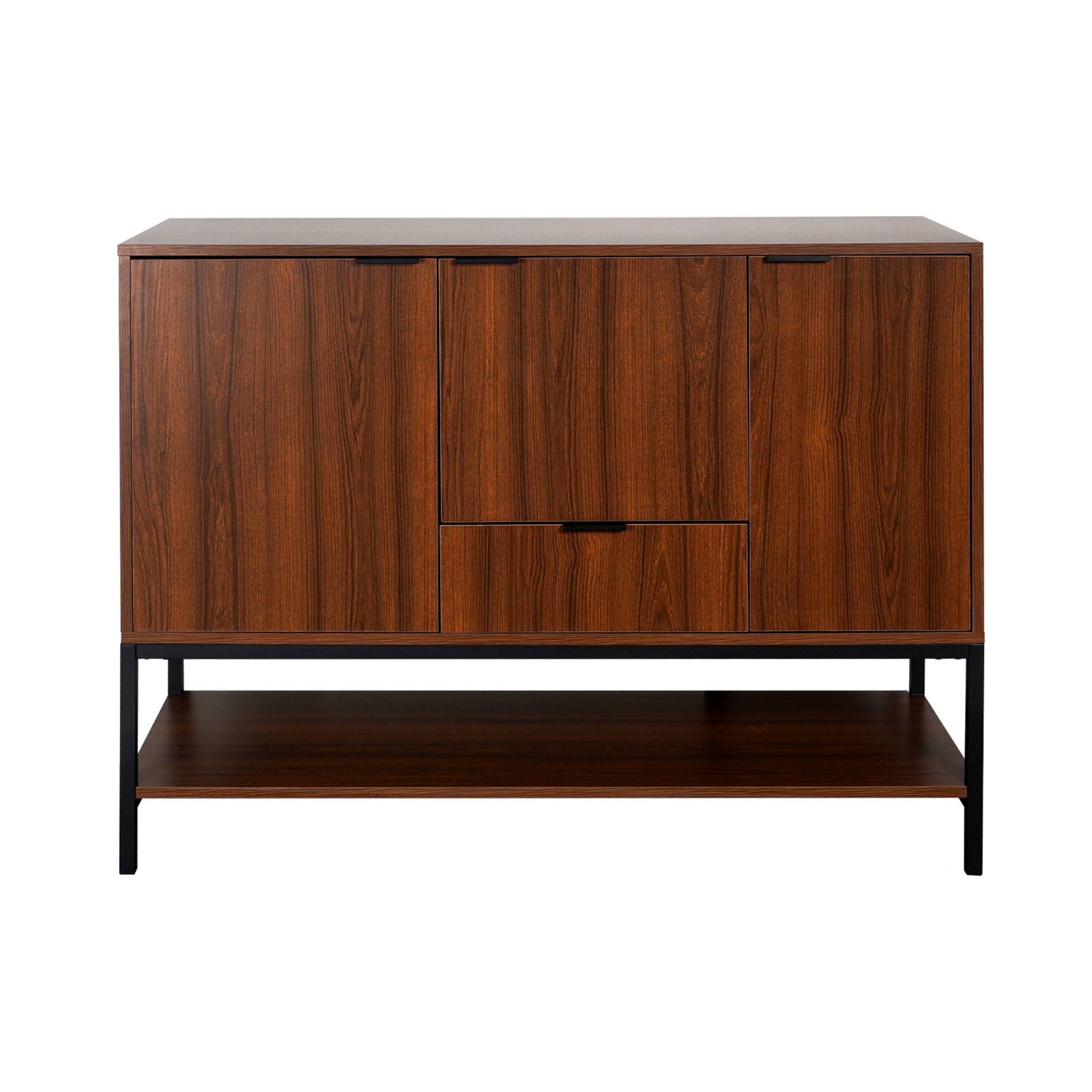Buffet bas en décor noyer et pieds et poignées en métal noir L110cm - buffet haut. vaisselier. 3 portes. 1 tiroir et 3 étagères