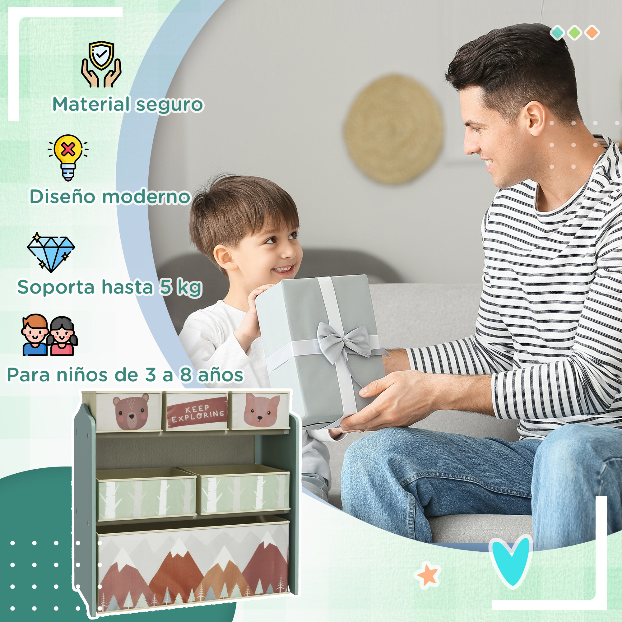 Conjunto para Niños Incluye 1 Cama Infantil 1 Estantería para Juguetes con Pizarra Pintable y 1 Organizador de Juguetes con 6 Cajas de Tela Extraíbles Verde