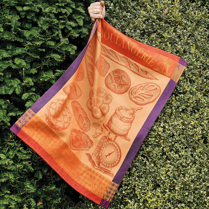 Torchon pur coton motif jacquard orange violet Boulangerie moulin ambre
