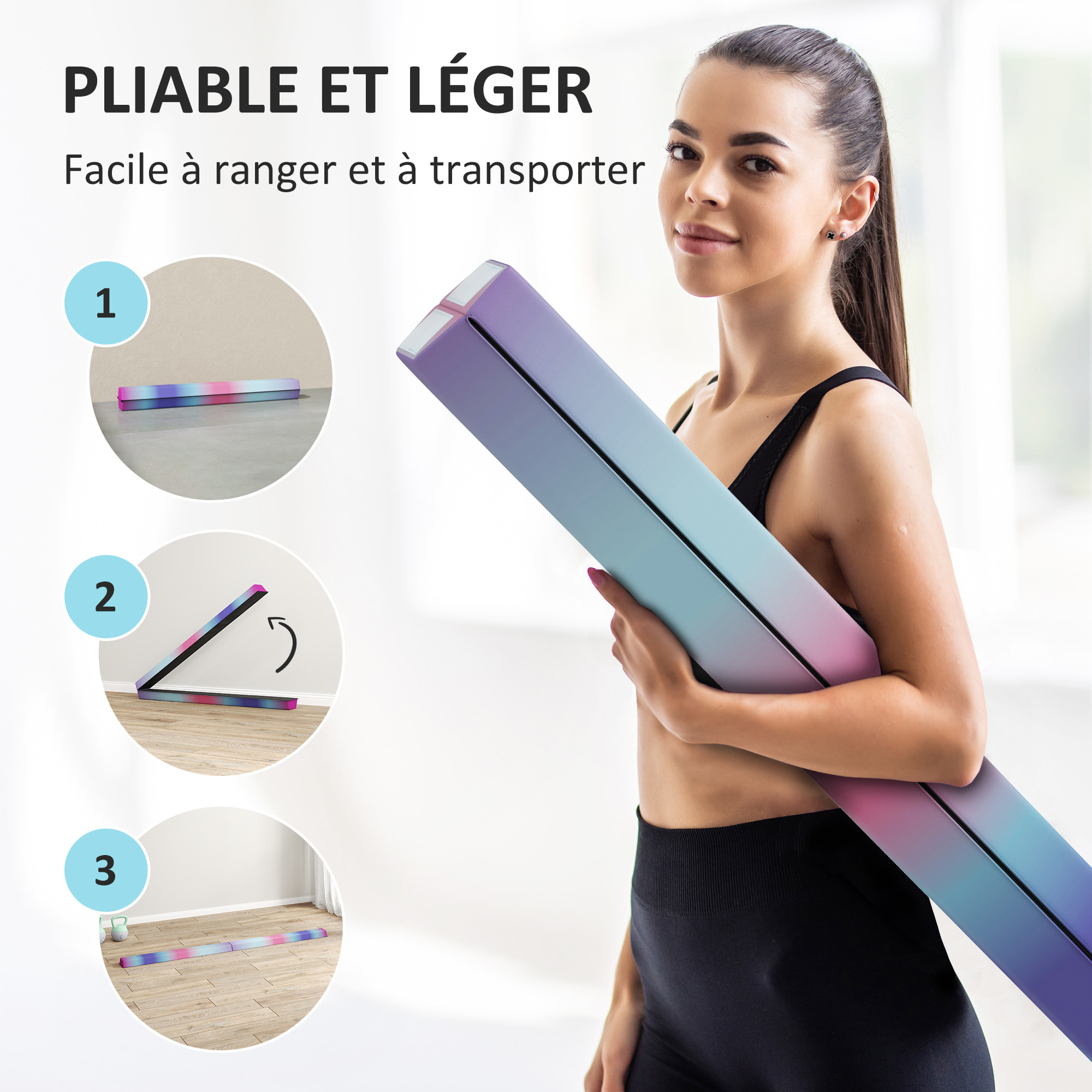 Poutre gymnastique pliable 236 cm - poutre d'équilibre antidérapante - revêtement PVC multicolore