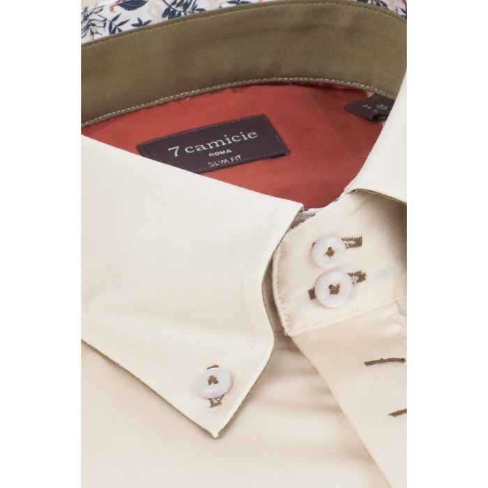 Camicia Uomo 2 Bottoni Button Down Slim Satin Unito Champagne