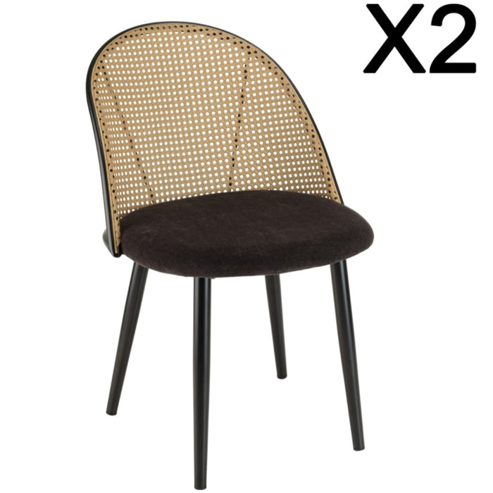 LEA - Lot de 2 chaises assise tissu noir dossier arrondi effet cannage