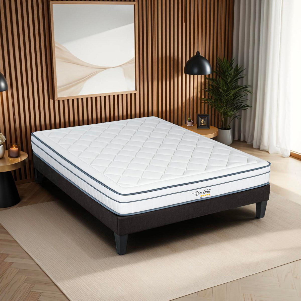Ensemble Matelas Hybride Bartoldi & Sommier KIT15, 22 cm, Ressorts Ensachés & Mémoire de Forme, technologie Tri-Lattes, Soutien Ferme