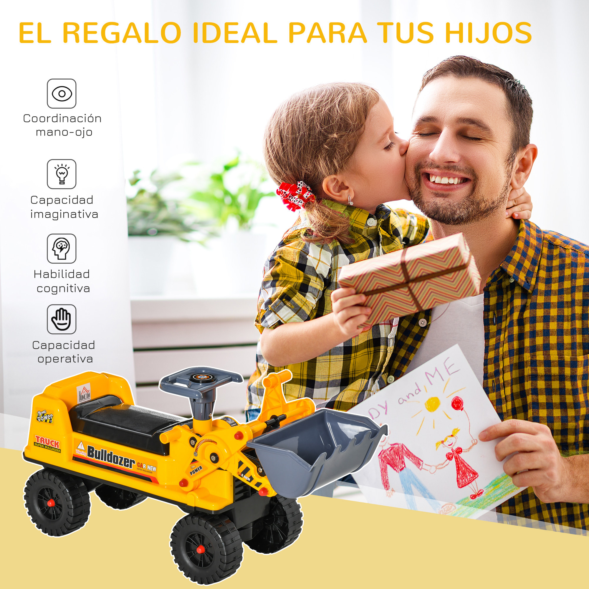 Tractor Infantil sin Pedales con Pala Excavadora y Bocina 70x26x37cm Amarillo