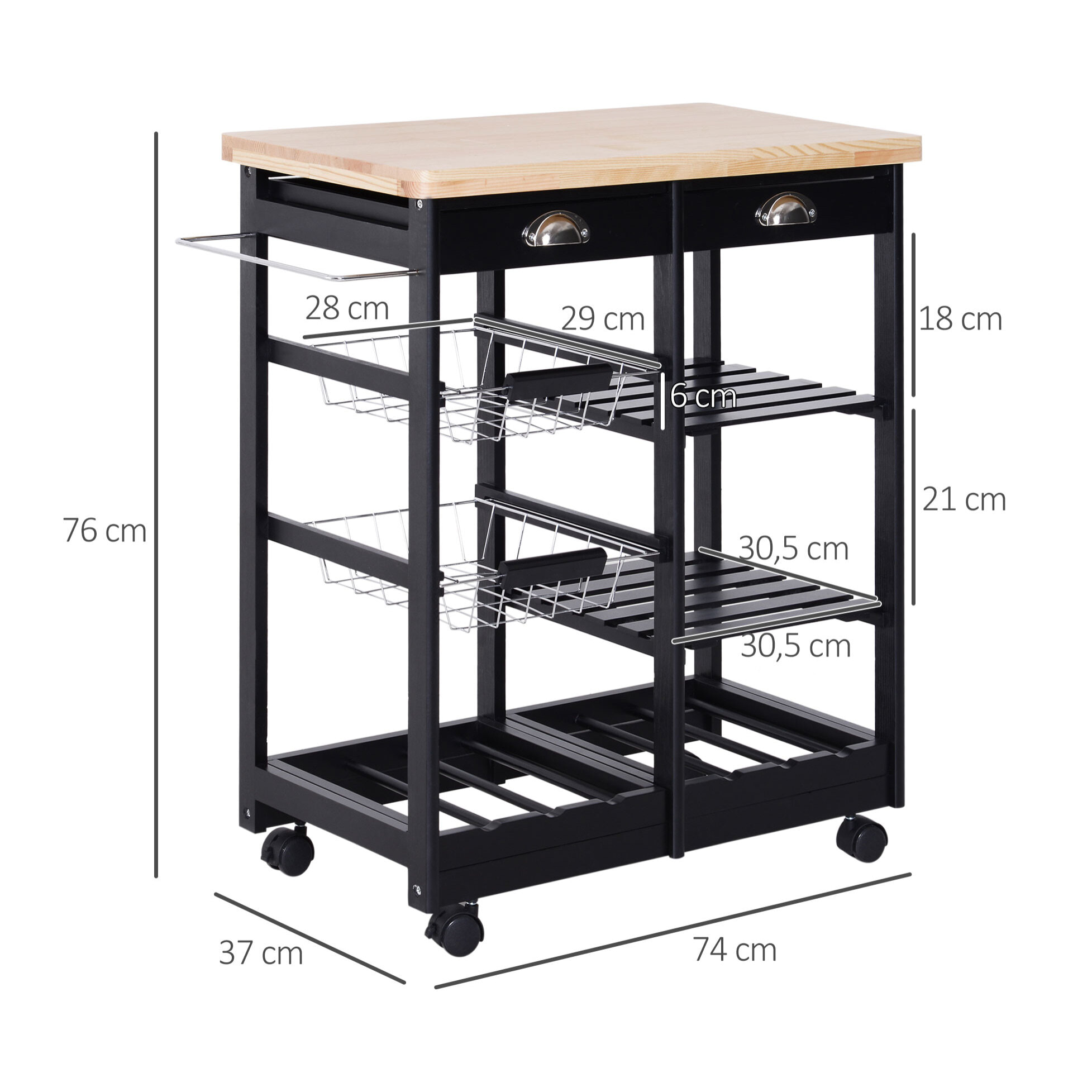 Chariot de service desserte de cuisine à roulettes multi-rangements 74L x 37l x 76H cm plateau bois massif pin châssis MDF noir