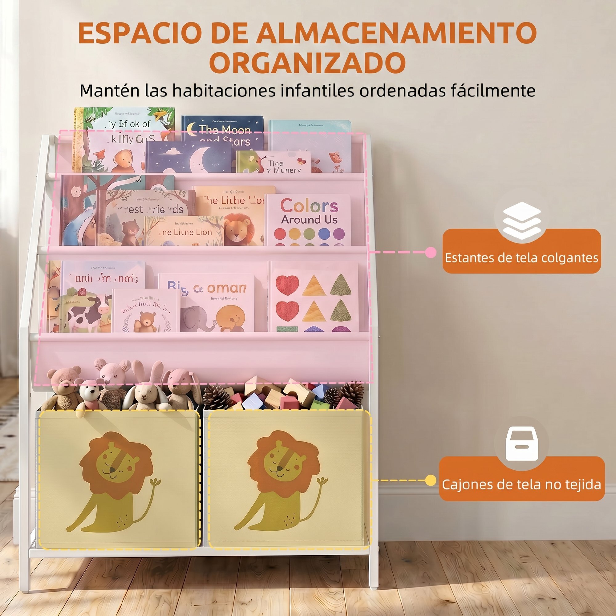 AIYAPLAY Librería Infantil de 4 Niveles Estantería para Libros Montessori con 3 Estantes 2 Cajones de Tela con Diseño de León para Sala de Juegos Dormitorio Guardería para Niños de Altura 76 cm Blanco