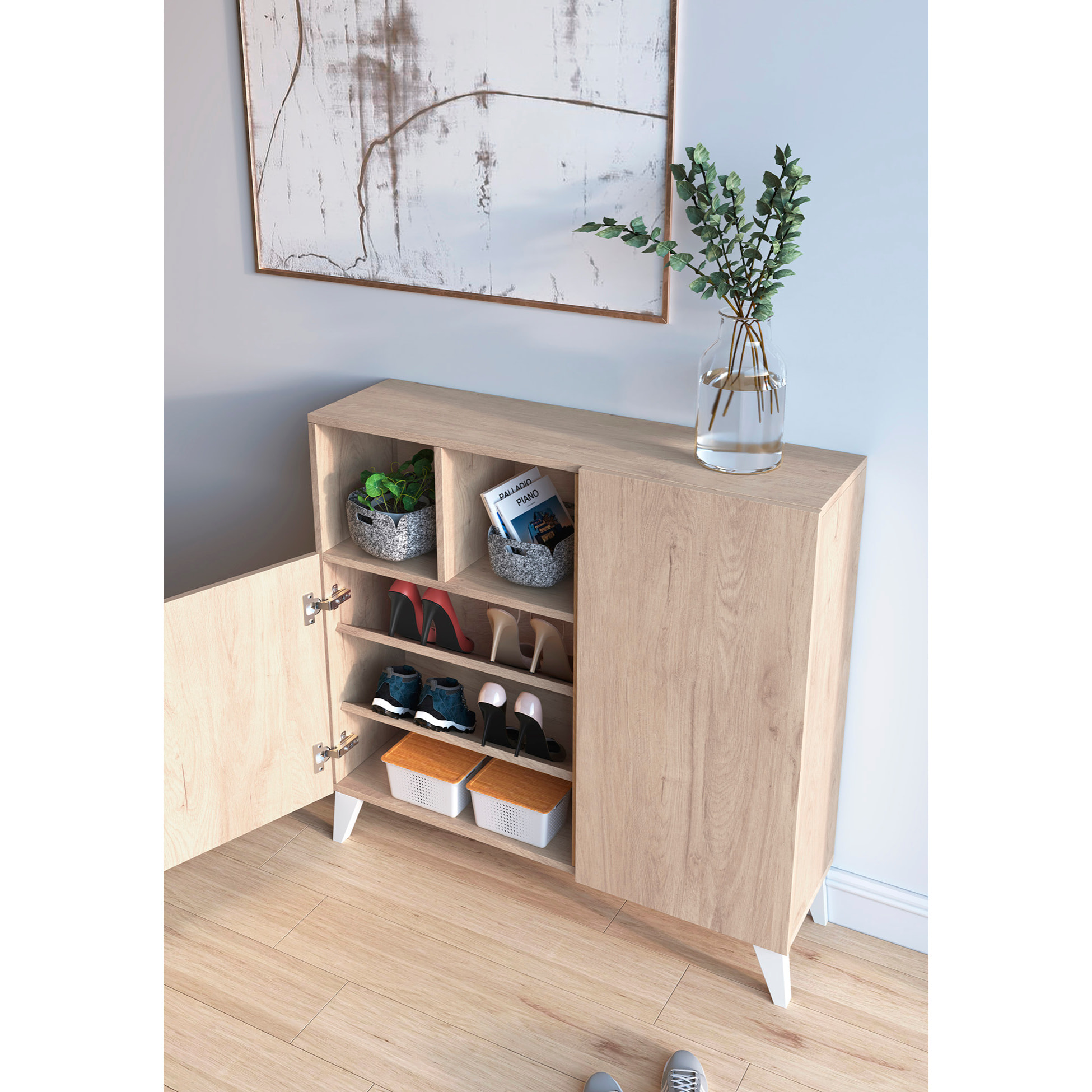 Zapatero Oslo melamina roble claro patas blanco 87x90x27 cm