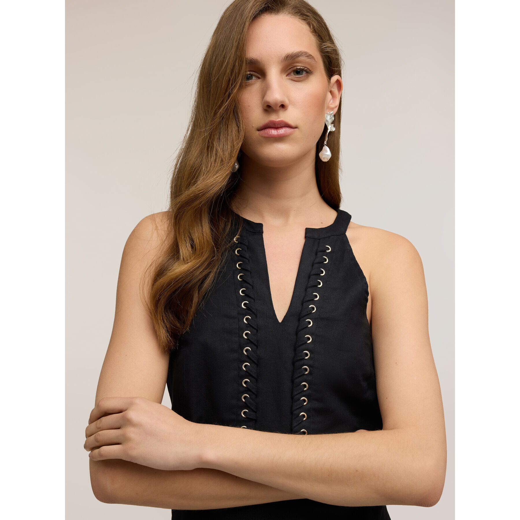 Motivi - Vestito linea ad A misto lino - Nero