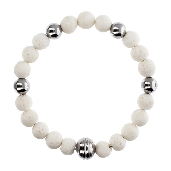 Bracciale di Sfere Argentate e in Pietra Naturale Corallo Bianco in Argento 925 placcato Rodio