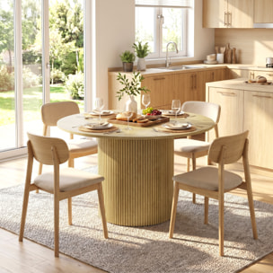 Mesa de Comedor Redonda, Mesa de Cocina para 4-6 Personas con Base Cilíndrica Acanalada, Marco Metálico, para Sala de Estar, Carga 100 kg, Ø110x75 cm, Roble