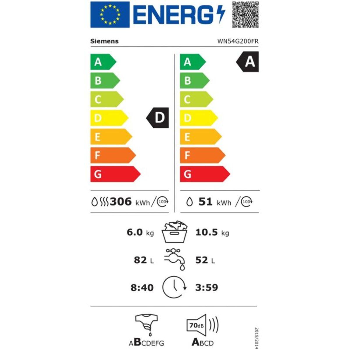 Lave linge séchant hublot SIEMENS WN54G200FR - 10,5/6 kg - 1400 tr/min - Classe D - Moteur induction - iQ500