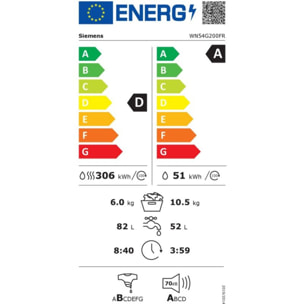 Lave linge séchant hublot SIEMENS WN54G200FR - 10,5/6 kg - 1400 tr/min - Classe D - Moteur induction - iQ500