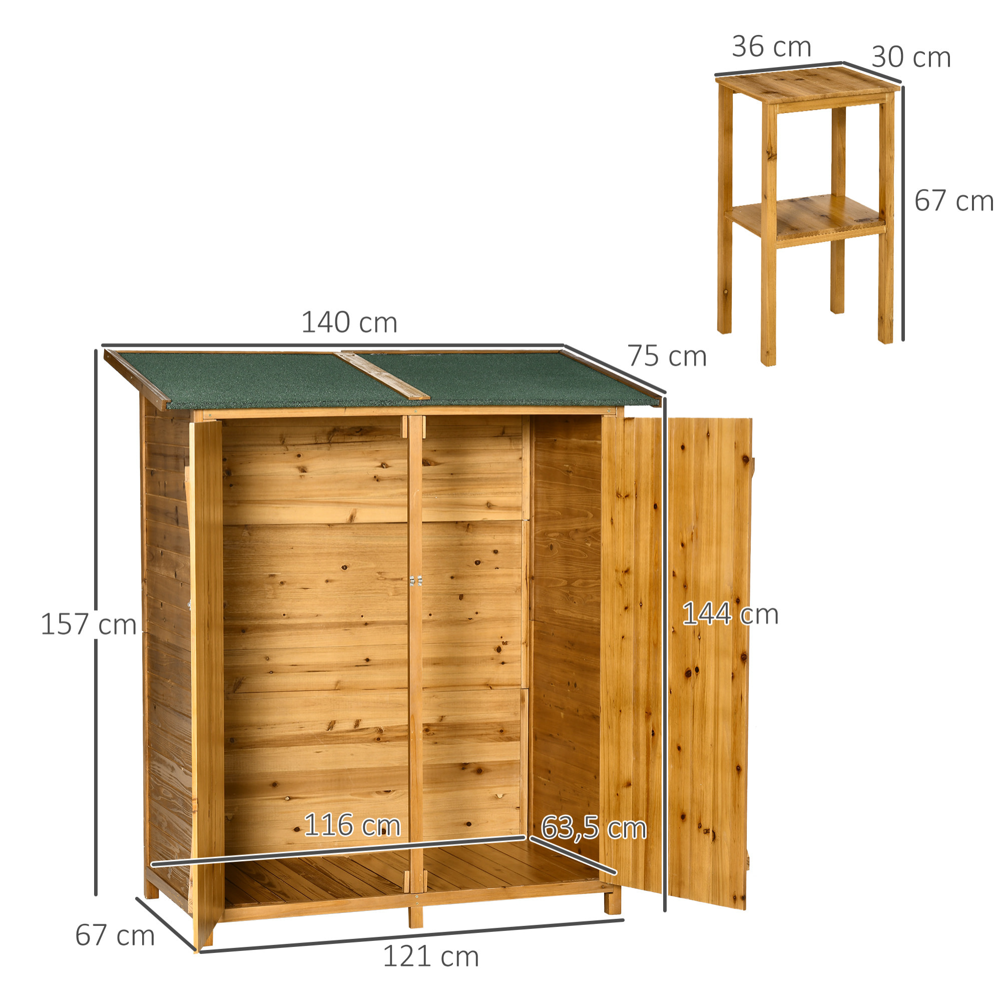 Abri de jardin armoire de jardin remise pour outils sur pied dim. 140L x 75l x 157H cm 2 étagères 2 portes toit bitumé étanche bois sapin pré-huilé