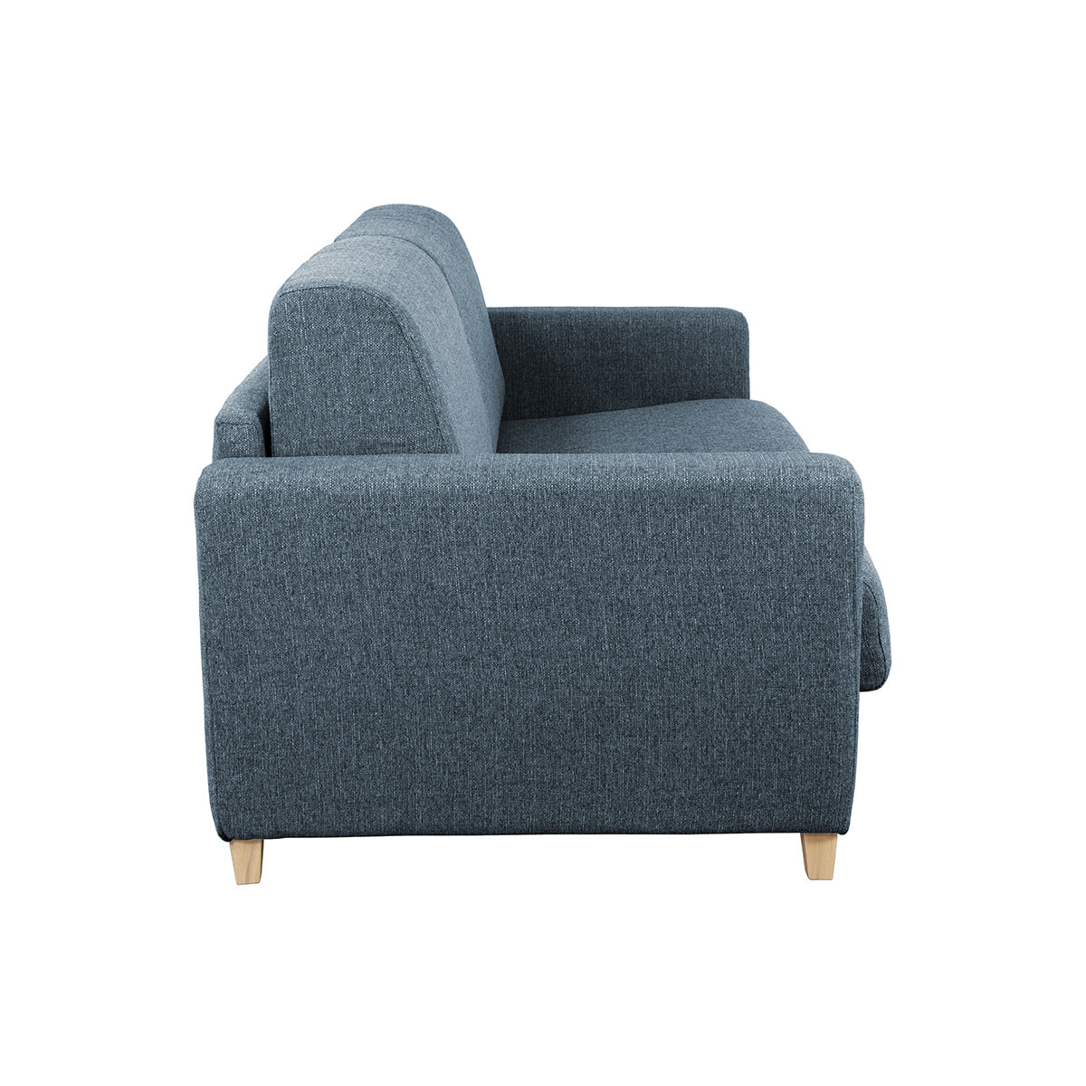 Canapé convertible 3 places en tissu bleu et bois clair avec matelas L140 cm 12 cm GRAHAM