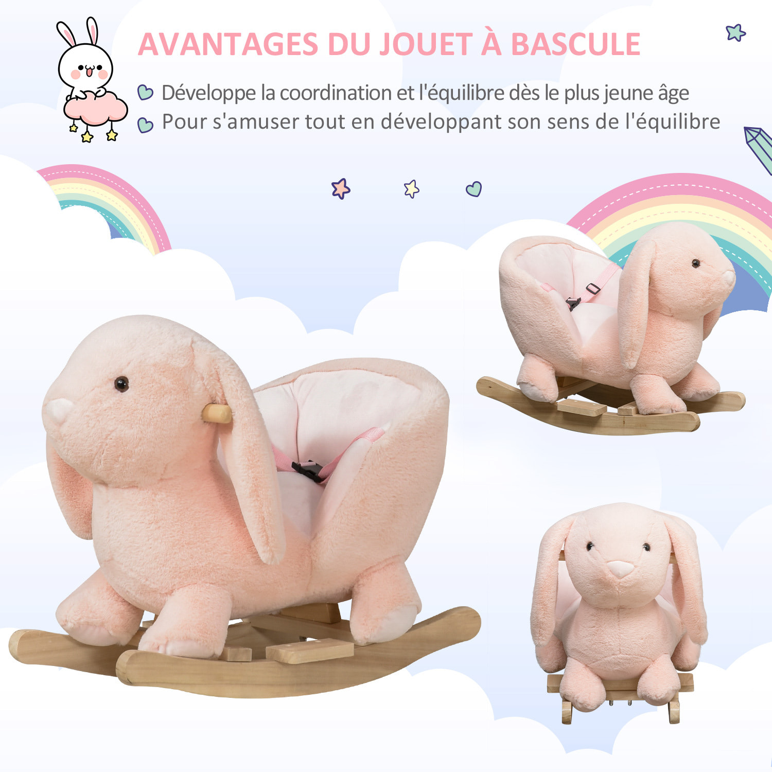 Cheval à bascule jouet à bascule lapin fauteuil intégré ceinture de sécurité fonction sonore clapissement rose