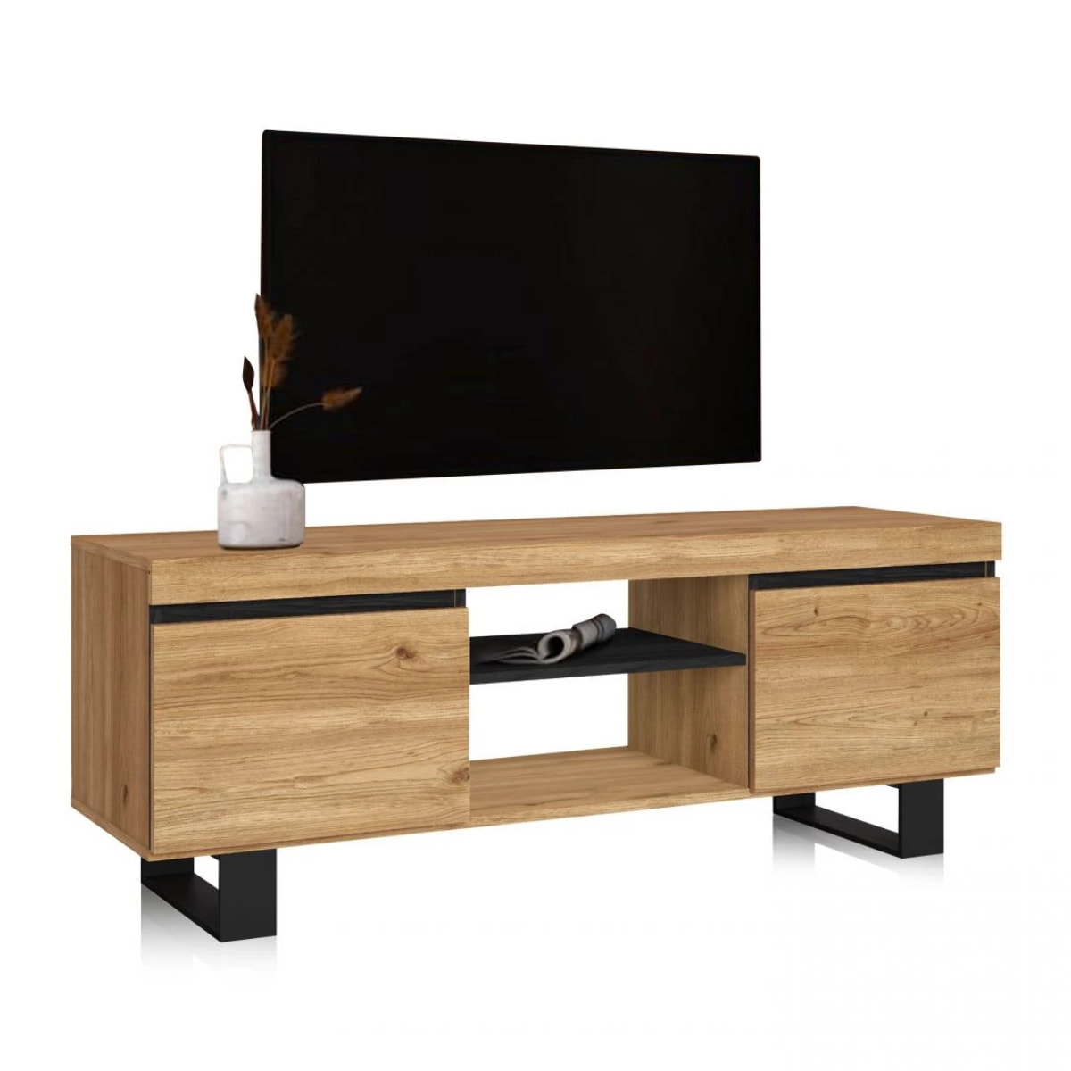 Mueble TV con patas y almacenamiento en roble nude y ceniza 140 cm Ebos UP Roble Nude - Ceniza