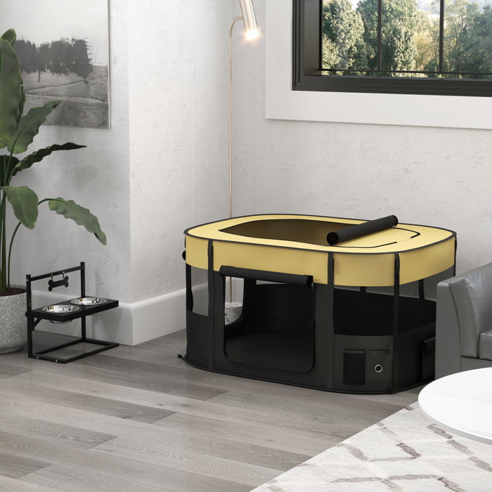 Parc pliable pour chien en tissu Oxford - fenêtres, portes en maille - sac de rangement - jaune