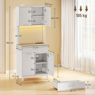 Alacena de Cocina con Luces LED y Estación de Carga, Control por APP, Mueble Auxiliar de Cocina con 4 Puertas, Cajón, Encimera Abierta para Microondas, Estantes Ajustables, 71x40x180 cm, Blanco