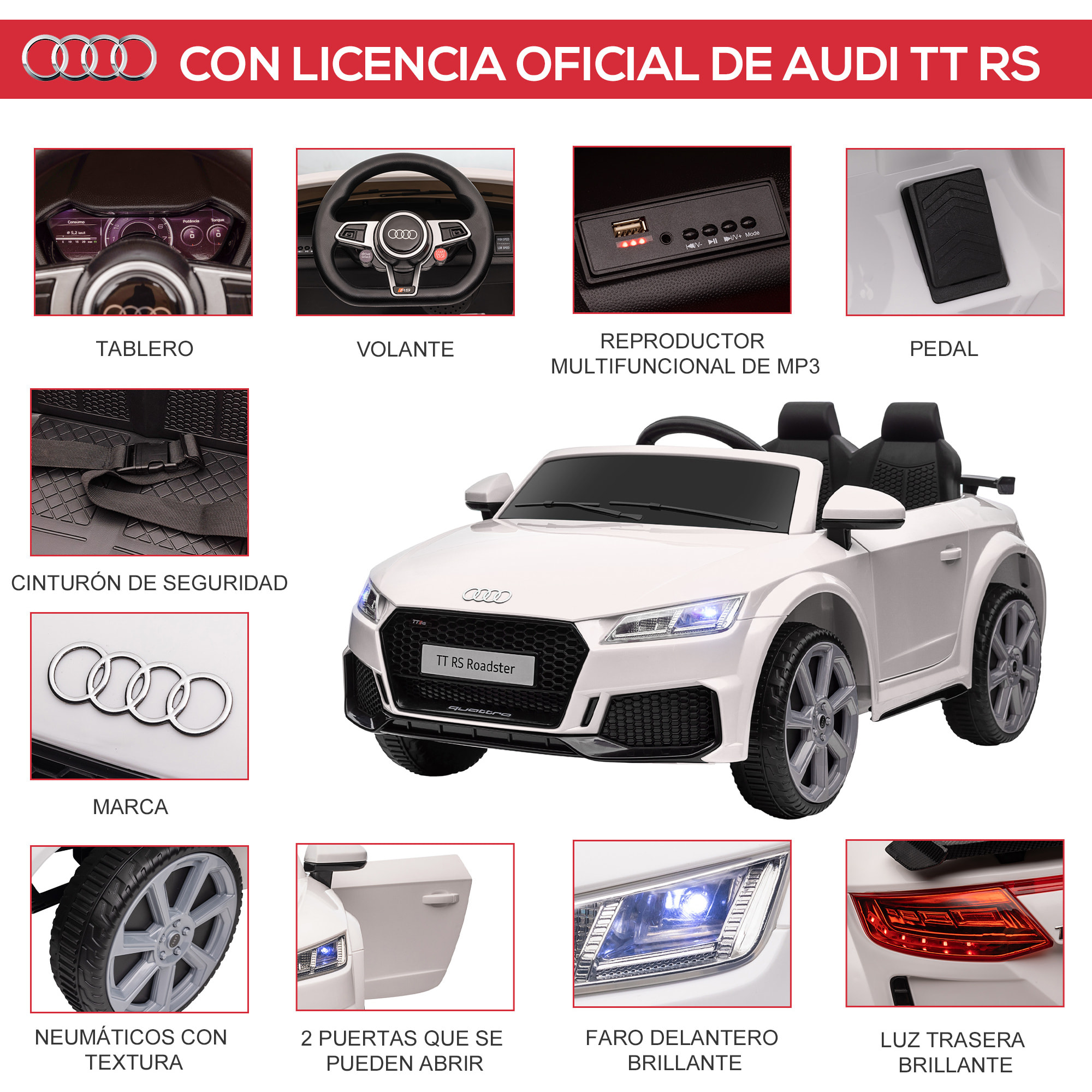 Audi TT Electrico Infantil Coche Juguete Nino 3 Anos con Mando a Distancia con Musica y Luces Modos de Aprendizaje Bateria 12V Doble Apertura de