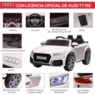 Audi TT Eléctrico Infantil Coche Juguete Niño 3 Años+ con Mando a Distancia con Música y Luces Modos de Aprendizaje Batería 12V Doble Apertura de Puerta 102x60x44 cmBlanco