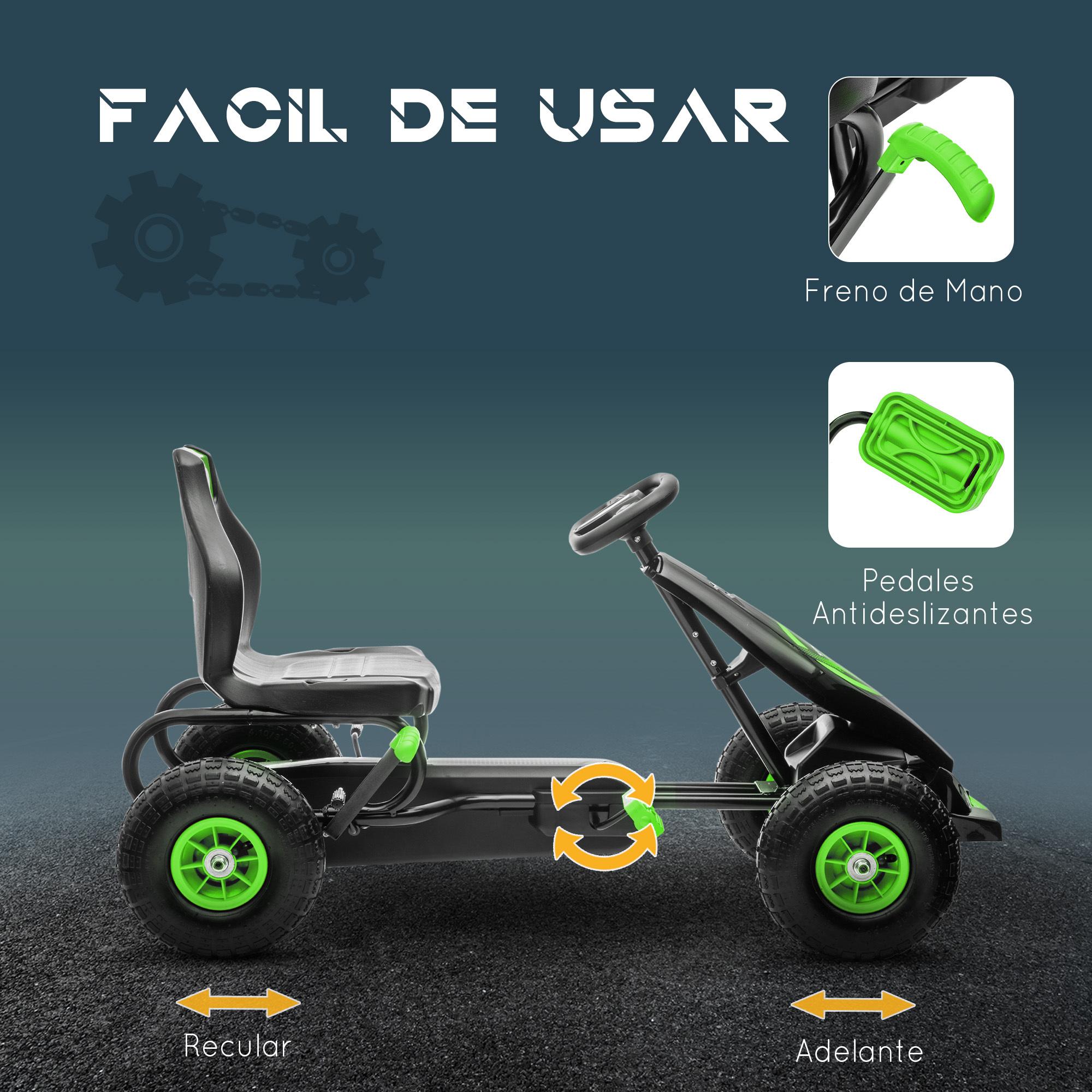 Kart Pedales Coche de Pedales para Niños de 5-12 Años con Asiento Ajustable Neumáticos Inflables Amortiguador y Freno de Mano Carga 50 kg Negro y Verde