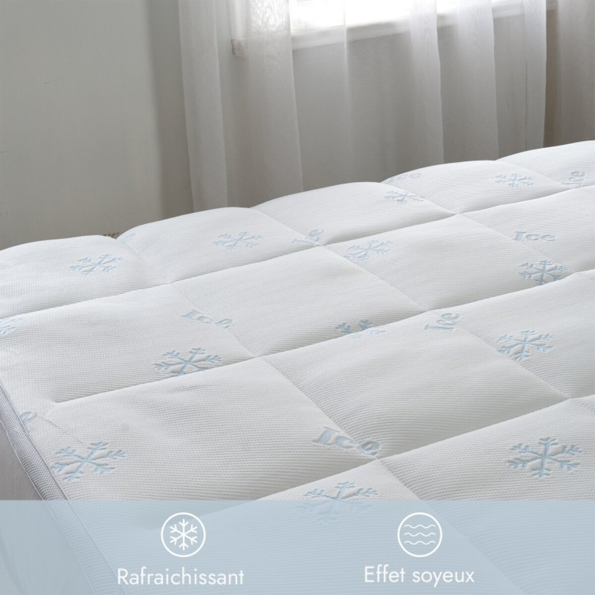Surmatelas été 100% microfibre | Tissu Ice Cool rafraîchissant | Bande respirante 360° | Sangles de maintien
