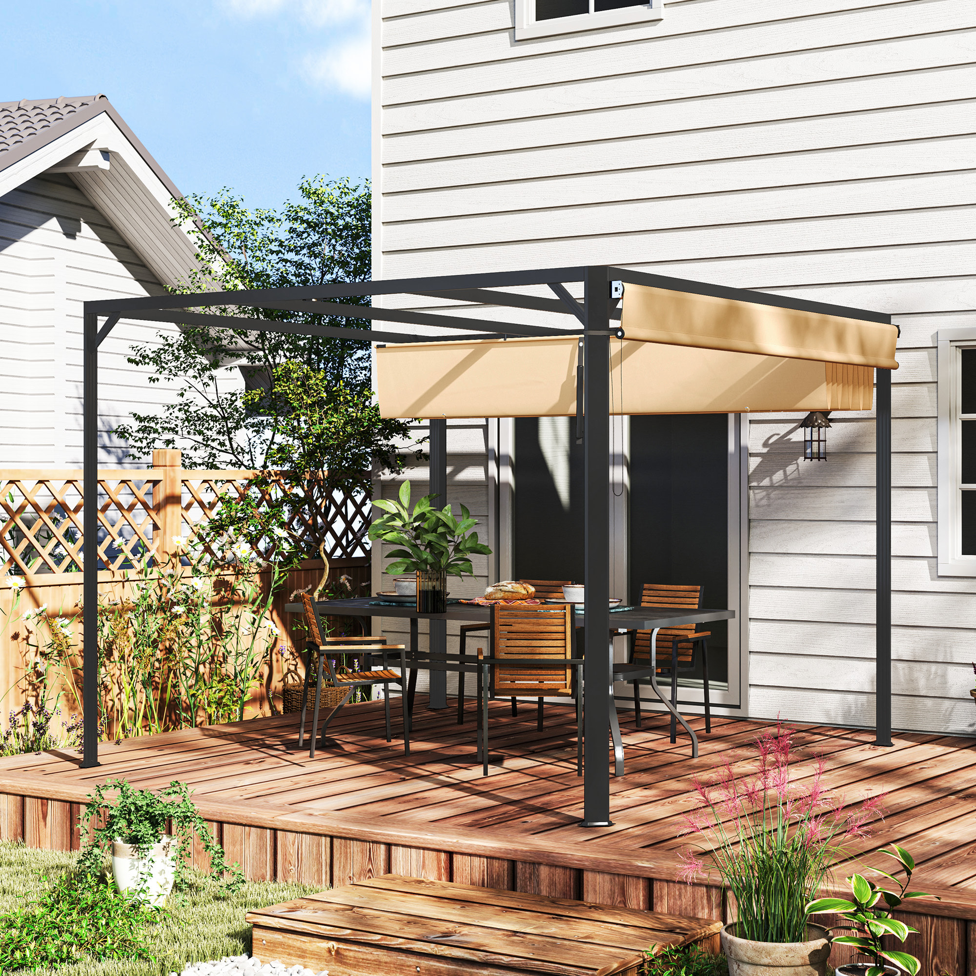 Pérgola de Aluminio con Techo Retráctil Pérgola 3x3 m Cenador con Cortina Enrollable Protección UV30+ Pabellón para Jardín Patio Terraza Exterior Caqui