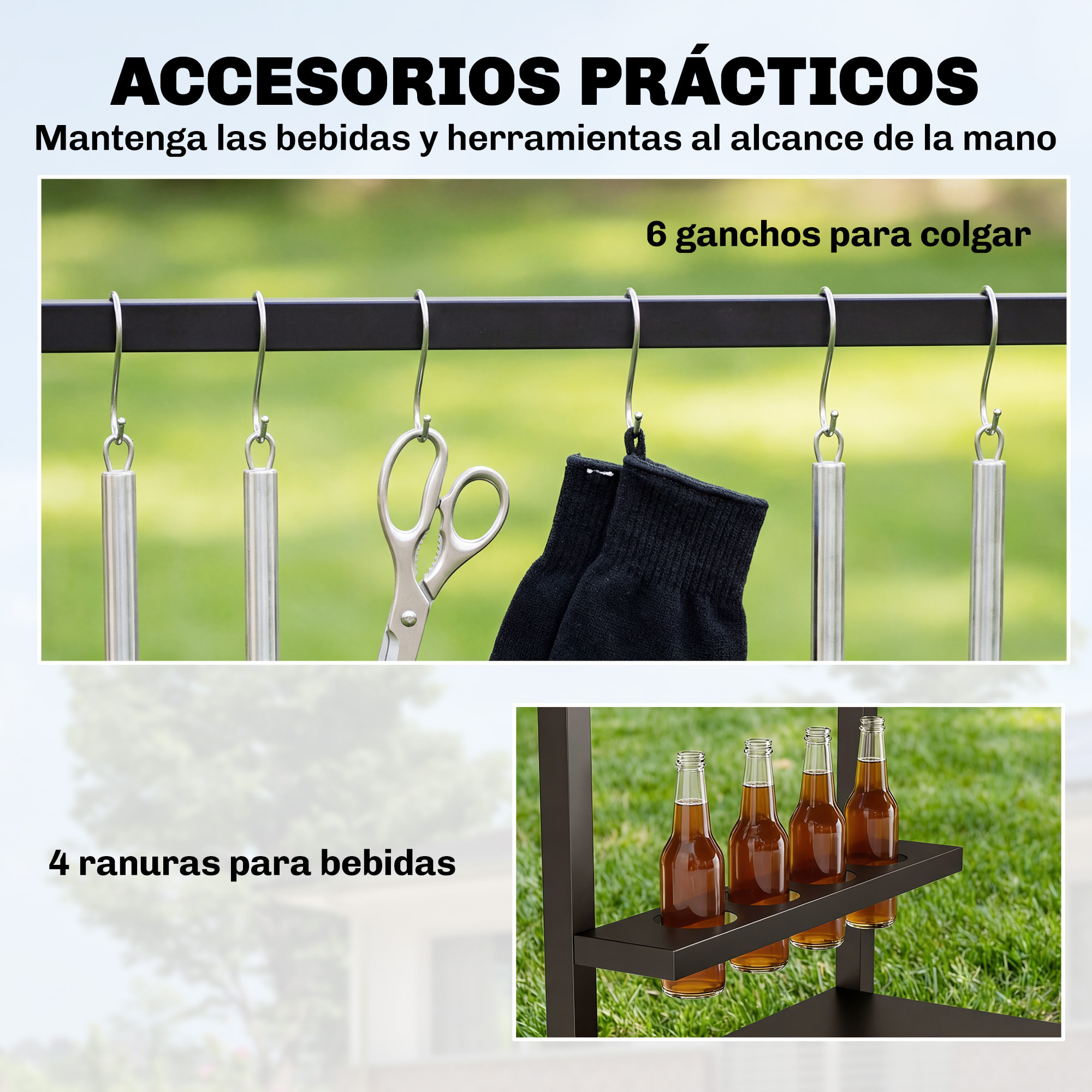 Carrito de Barbacoa de 2 Niveles Mesa Auxiliar para Barbacoa Móvil con Ruedas Portabebidas Ganchos Asa Encimera Imitación madera Mesa de Horno de Pizza para Exterior Negro y Marrón