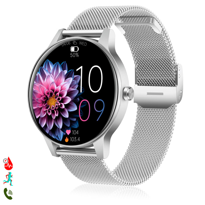 Smartwatch QS80 con chiamate BT, notifiche push. Monitor sportivo e di salute. Cinturino in metallo.