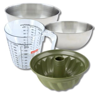 Set pâtisserie avec moule à kouglof 25 cm revêtu cire de carnauba, 2 bols à mixer, verre mesureur et spatule Zenker
