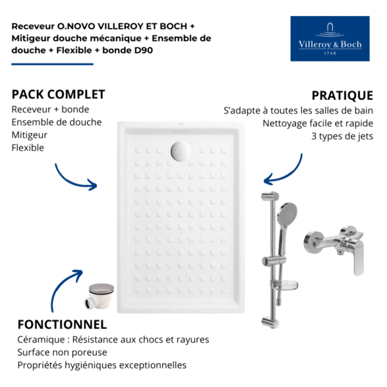 Pack receveur O Novo céramique avec bonde D90 et robinetterie