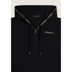 Tuta con cappuccio decorato da logo dorato a contrasto