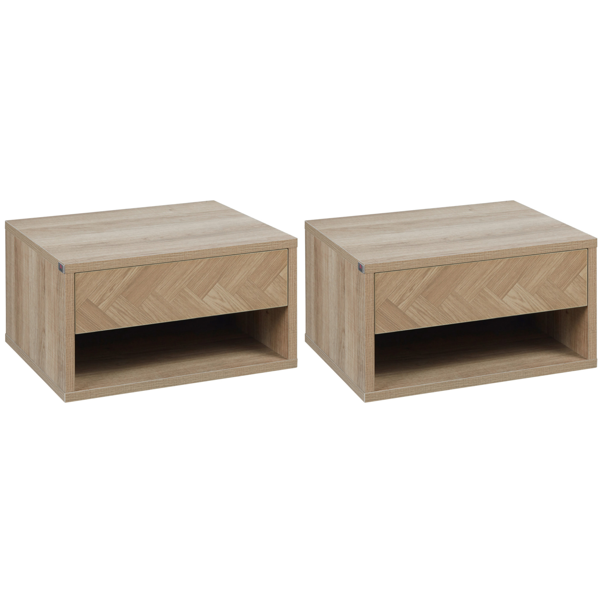 Lot de 2 chevets tables de nuit murales - tiroir coulissant, niche, plateau - dim. 37L x 32l x 21H cm - panneaux aspect chêne clair